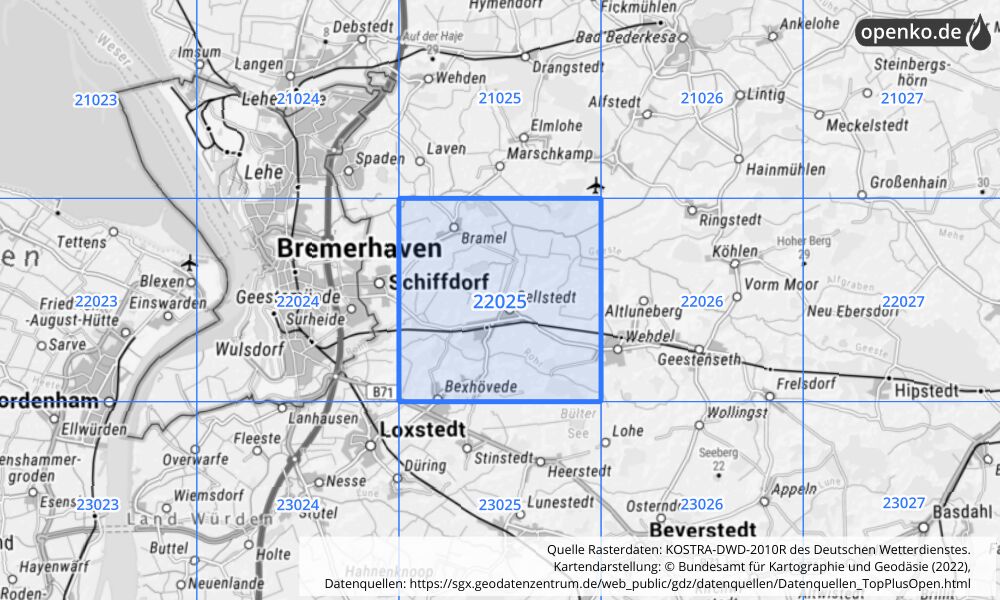 Übersichtskarte KOSTRA-DWD-2010R Rasterfeld Nr. 22025 mit angrenzenden Feldern