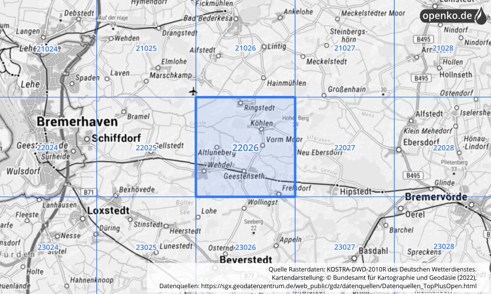 Übersichtskarte KOSTRA-DWD-2010R Rasterfeld Nr. 22026 mit angrenzenden Feldern