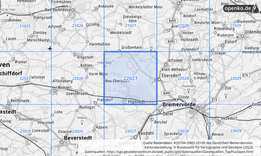 Übersichtskarte KOSTRA-DWD-2010R Rasterfeld Nr. 22027 mit angrenzenden Feldern