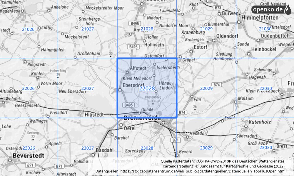 Übersichtskarte KOSTRA-DWD-2010R Rasterfeld Nr. 22028 mit angrenzenden Feldern