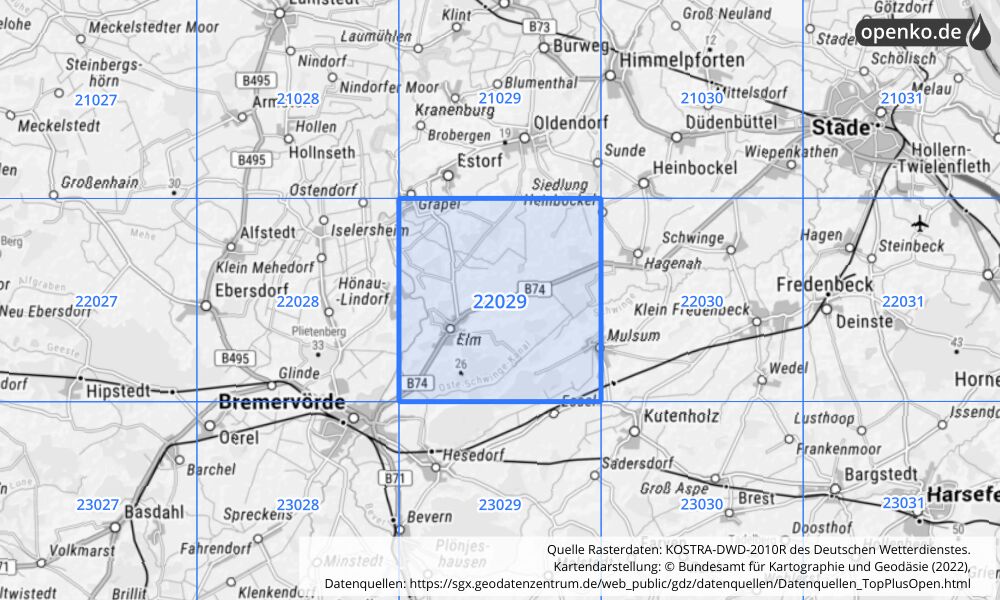 Übersichtskarte KOSTRA-DWD-2010R Rasterfeld Nr. 22029 mit angrenzenden Feldern