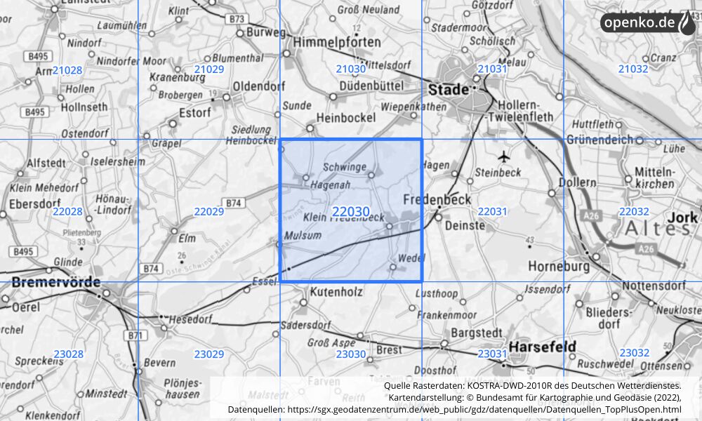 Übersichtskarte KOSTRA-DWD-2010R Rasterfeld Nr. 22030 mit angrenzenden Feldern