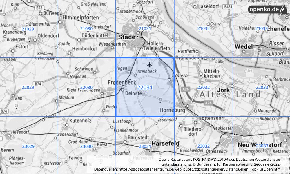 Übersichtskarte KOSTRA-DWD-2010R Rasterfeld Nr. 22031 mit angrenzenden Feldern