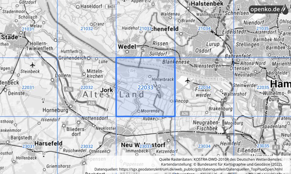 Übersichtskarte KOSTRA-DWD-2010R Rasterfeld Nr. 22033 mit angrenzenden Feldern