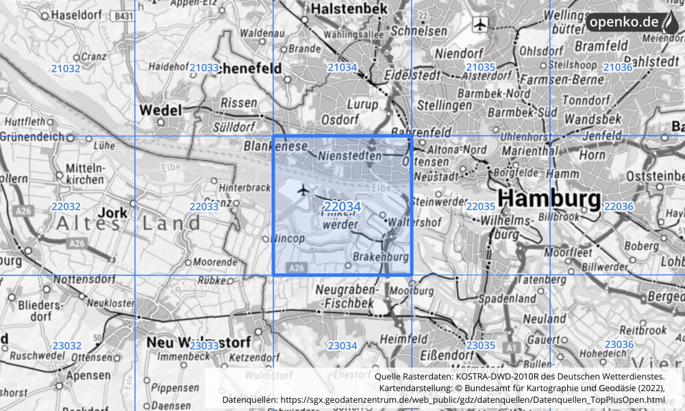 Übersichtskarte KOSTRA-DWD-2010R Rasterfeld Nr. 22034 mit angrenzenden Feldern