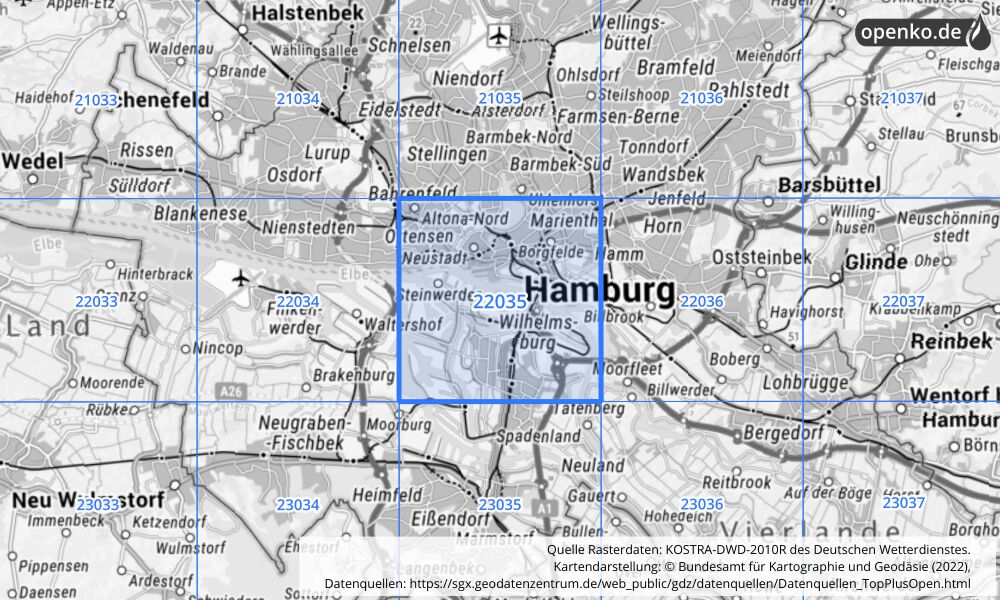 Übersichtskarte KOSTRA-DWD-2010R Rasterfeld Nr. 22035 mit angrenzenden Feldern