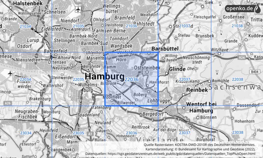 Übersichtskarte KOSTRA-DWD-2010R Rasterfeld Nr. 22036 mit angrenzenden Feldern