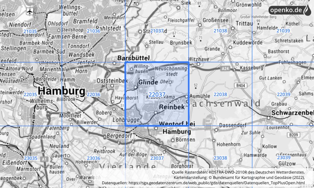 Übersichtskarte KOSTRA-DWD-2010R Rasterfeld Nr. 22037 mit angrenzenden Feldern