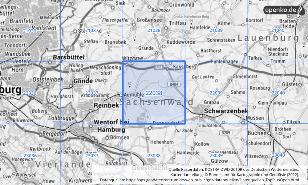 Übersichtskarte KOSTRA-DWD-2010R Rasterfeld Nr. 22038 mit angrenzenden Feldern