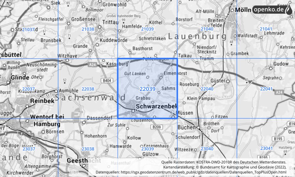 Übersichtskarte KOSTRA-DWD-2010R Rasterfeld Nr. 22039 mit angrenzenden Feldern