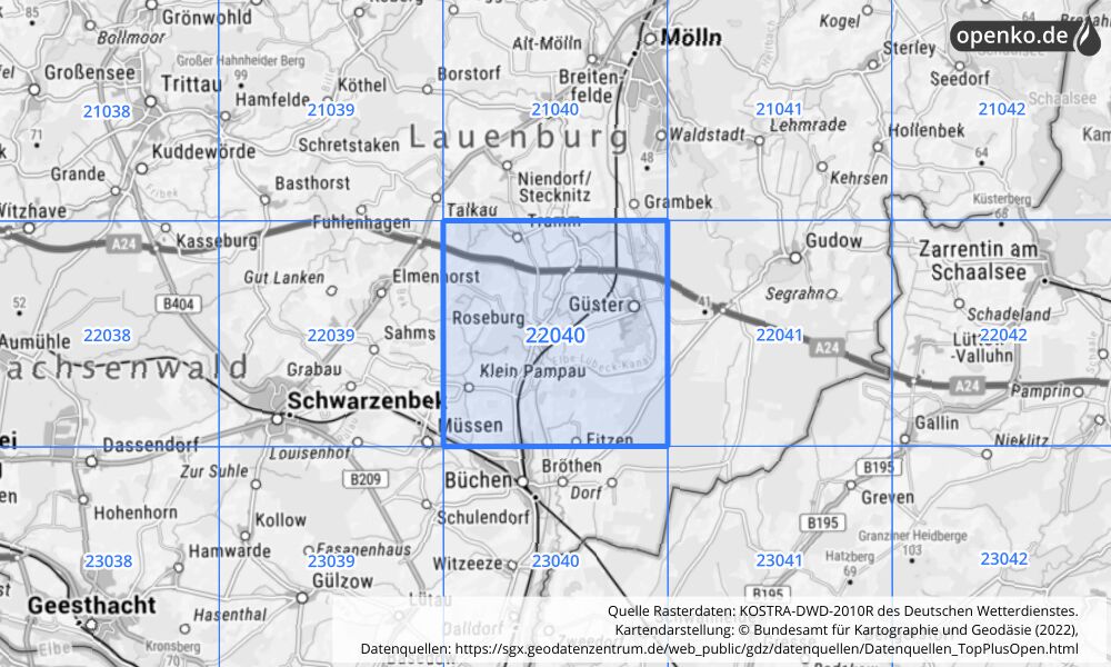 Übersichtskarte KOSTRA-DWD-2010R Rasterfeld Nr. 22040 mit angrenzenden Feldern