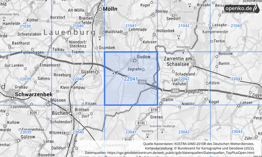 Übersichtskarte KOSTRA-DWD-2010R Rasterfeld Nr. 22041 mit angrenzenden Feldern