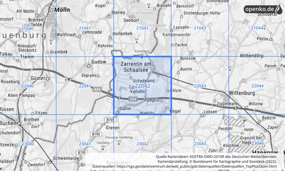 Übersichtskarte KOSTRA-DWD-2010R Rasterfeld Nr. 22042 mit angrenzenden Feldern