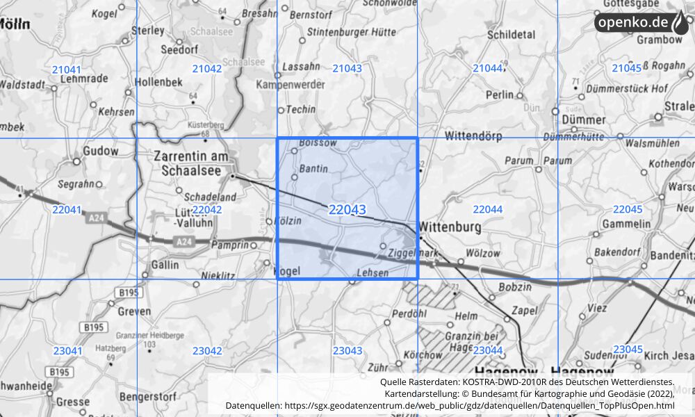 Übersichtskarte KOSTRA-DWD-2010R Rasterfeld Nr. 22043 mit angrenzenden Feldern