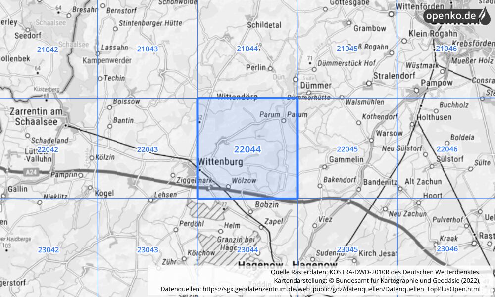 Übersichtskarte KOSTRA-DWD-2010R Rasterfeld Nr. 22044 mit angrenzenden Feldern