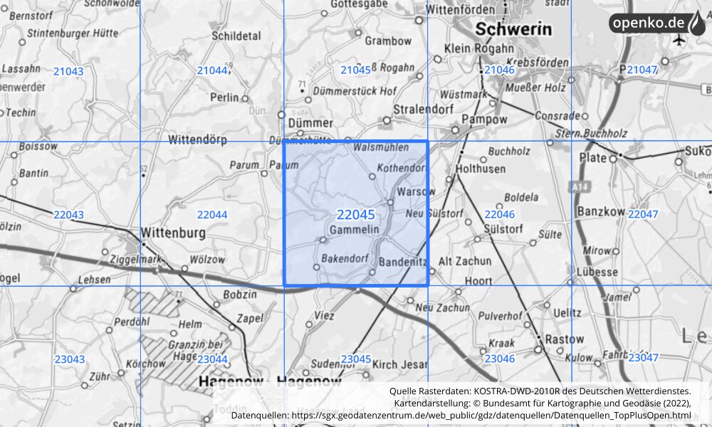 Übersichtskarte KOSTRA-DWD-2010R Rasterfeld Nr. 22045 mit angrenzenden Feldern