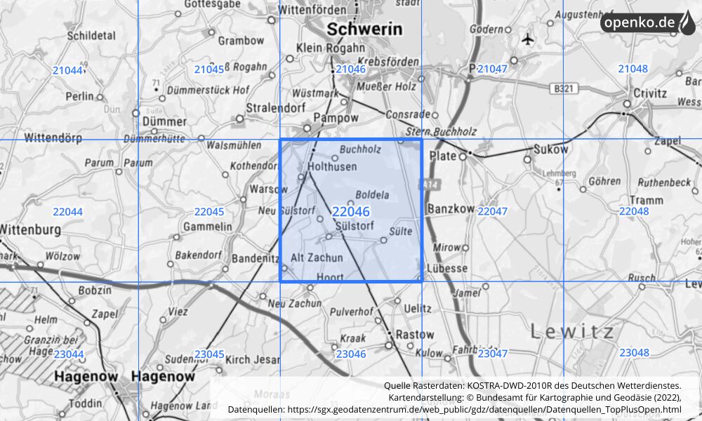 Übersichtskarte KOSTRA-DWD-2010R Rasterfeld Nr. 22046 mit angrenzenden Feldern