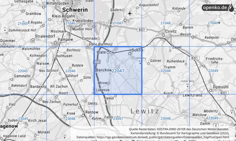 Übersichtskarte KOSTRA-DWD-2010R Rasterfeld Nr. 22047 mit angrenzenden Feldern