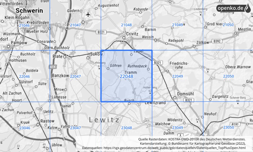 Übersichtskarte KOSTRA-DWD-2010R Rasterfeld Nr. 22048 mit angrenzenden Feldern