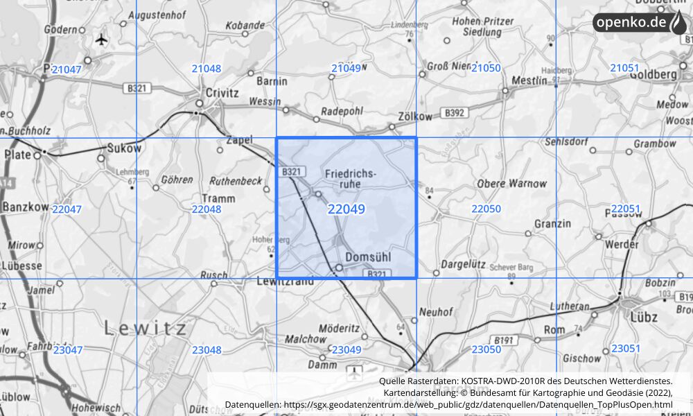 Übersichtskarte KOSTRA-DWD-2010R Rasterfeld Nr. 22049 mit angrenzenden Feldern