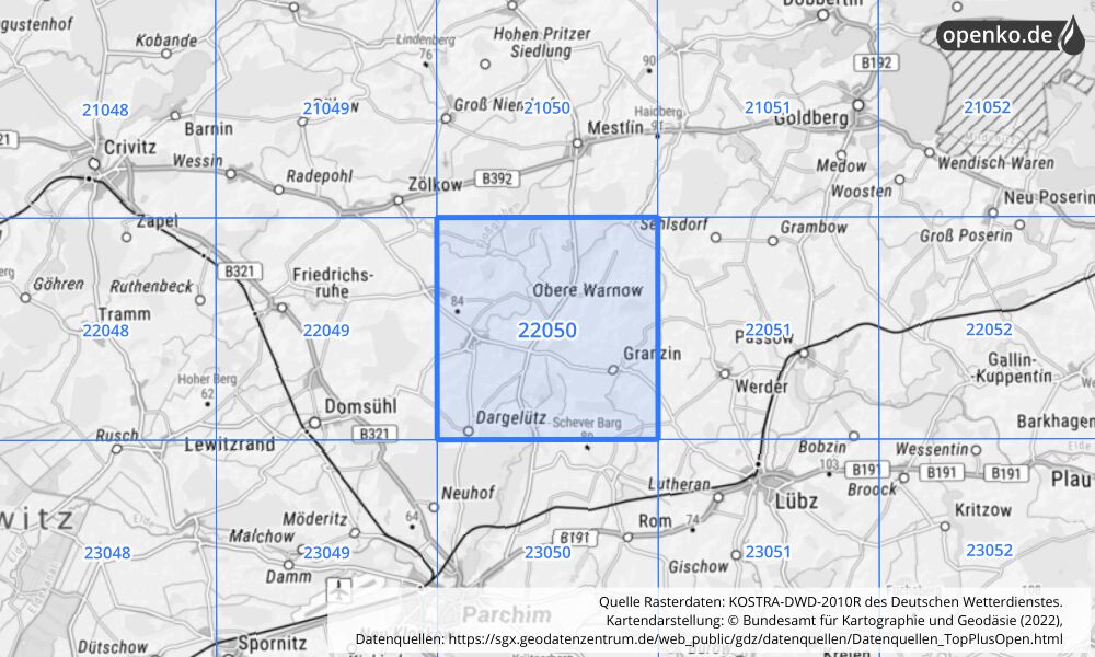 Übersichtskarte KOSTRA-DWD-2010R Rasterfeld Nr. 22050 mit angrenzenden Feldern