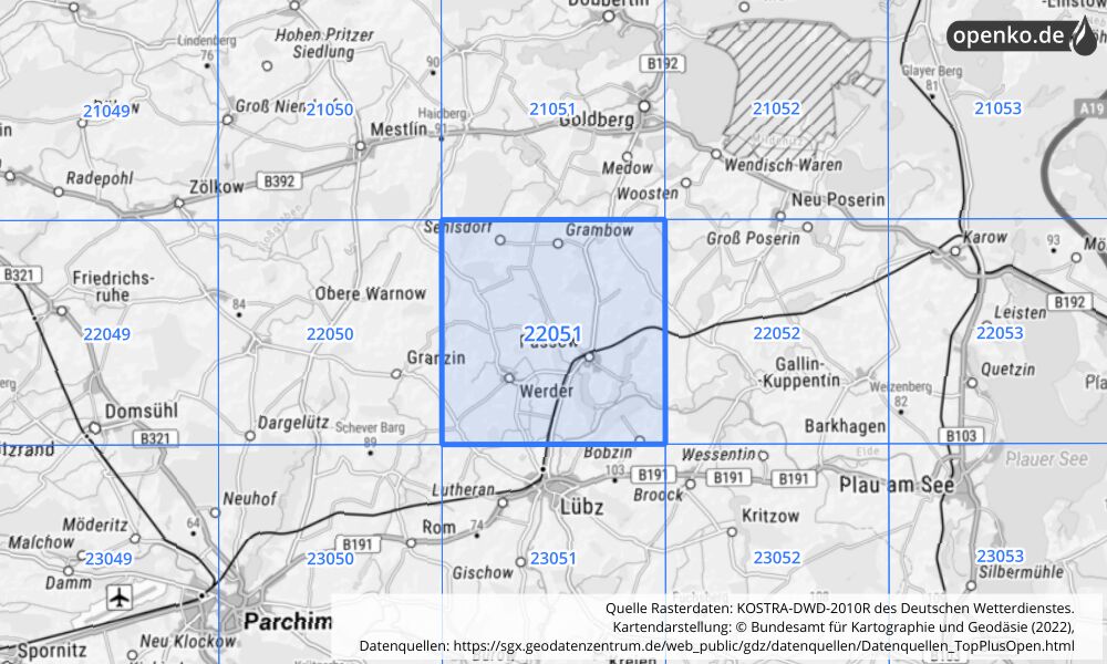 Übersichtskarte KOSTRA-DWD-2010R Rasterfeld Nr. 22051 mit angrenzenden Feldern