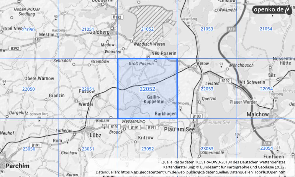 Übersichtskarte KOSTRA-DWD-2010R Rasterfeld Nr. 22052 mit angrenzenden Feldern