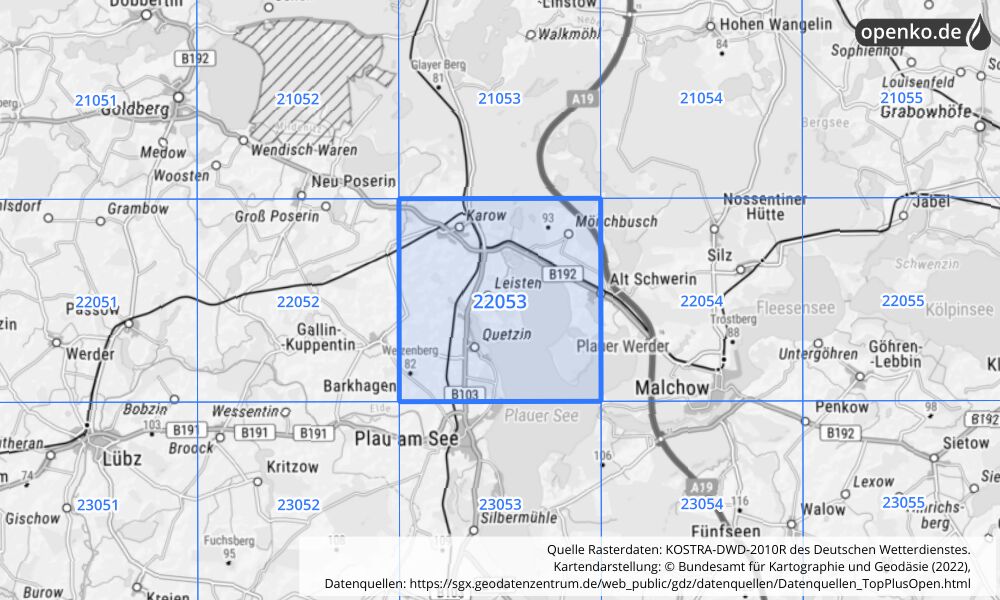 Übersichtskarte KOSTRA-DWD-2010R Rasterfeld Nr. 22053 mit angrenzenden Feldern