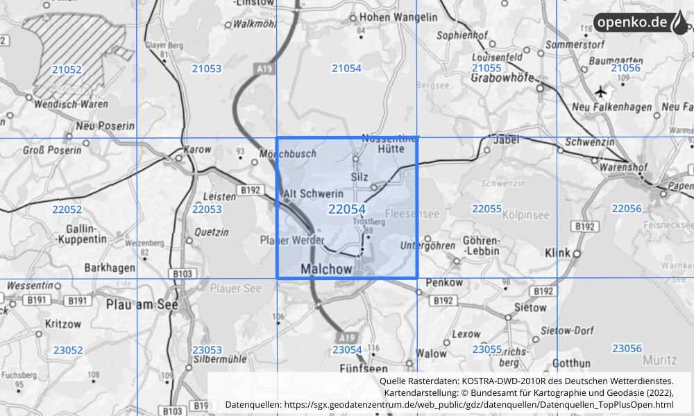 Übersichtskarte KOSTRA-DWD-2010R Rasterfeld Nr. 22054 mit angrenzenden Feldern