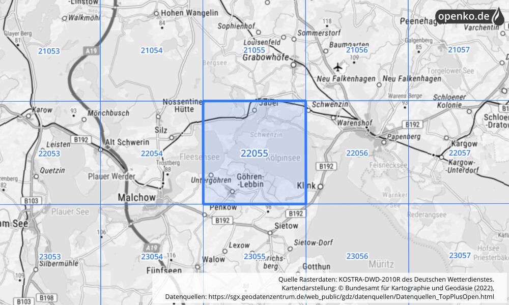 Übersichtskarte KOSTRA-DWD-2010R Rasterfeld Nr. 22055 mit angrenzenden Feldern