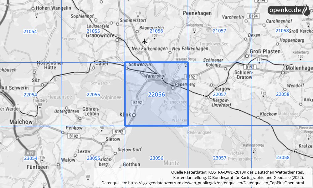 Übersichtskarte KOSTRA-DWD-2010R Rasterfeld Nr. 22056 mit angrenzenden Feldern