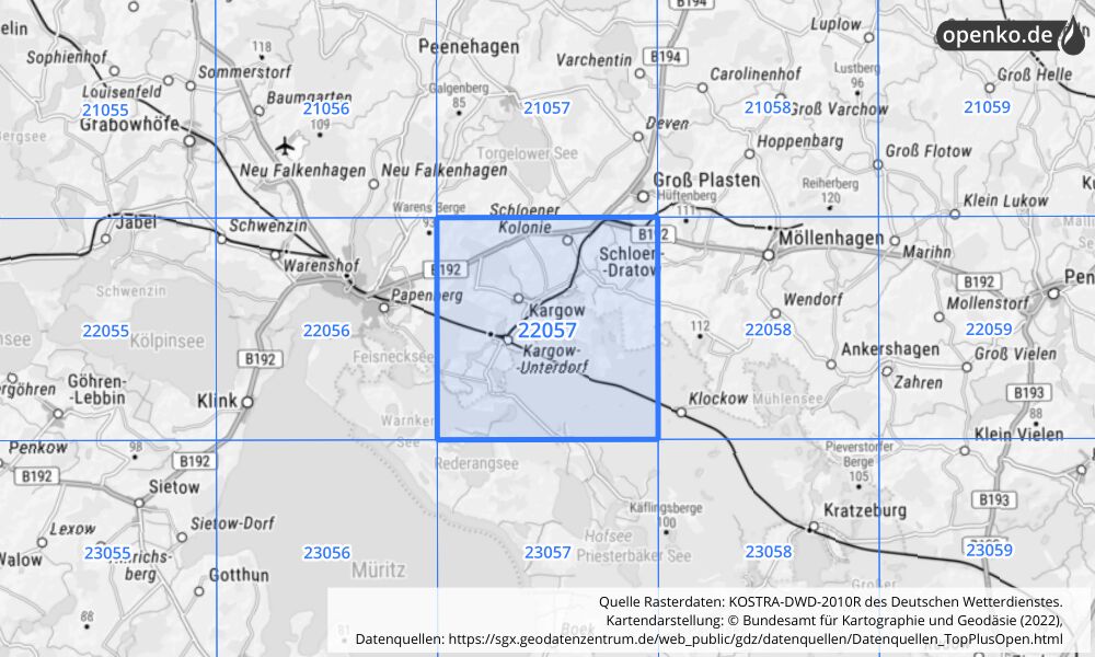 Übersichtskarte KOSTRA-DWD-2010R Rasterfeld Nr. 22057 mit angrenzenden Feldern