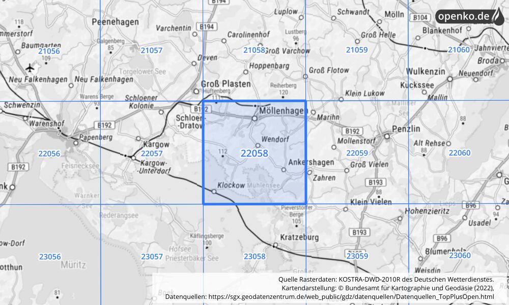 Übersichtskarte KOSTRA-DWD-2010R Rasterfeld Nr. 22058 mit angrenzenden Feldern