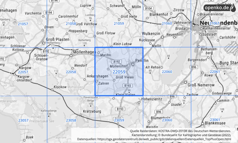 Übersichtskarte KOSTRA-DWD-2010R Rasterfeld Nr. 22059 mit angrenzenden Feldern