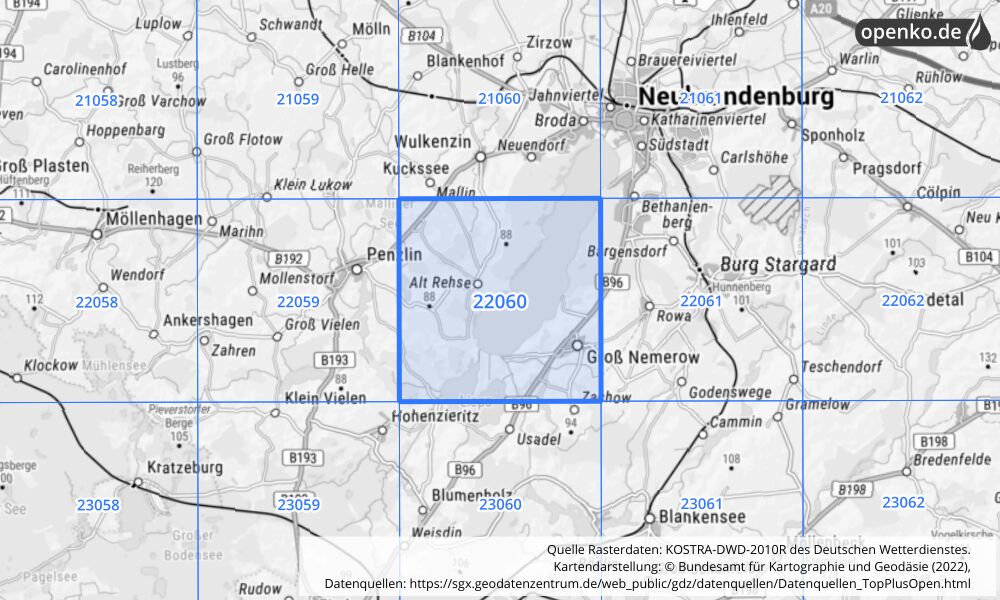 Übersichtskarte KOSTRA-DWD-2010R Rasterfeld Nr. 22060 mit angrenzenden Feldern