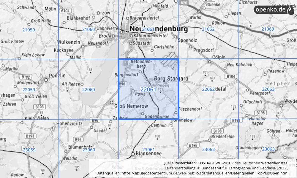 Übersichtskarte KOSTRA-DWD-2010R Rasterfeld Nr. 22061 mit angrenzenden Feldern