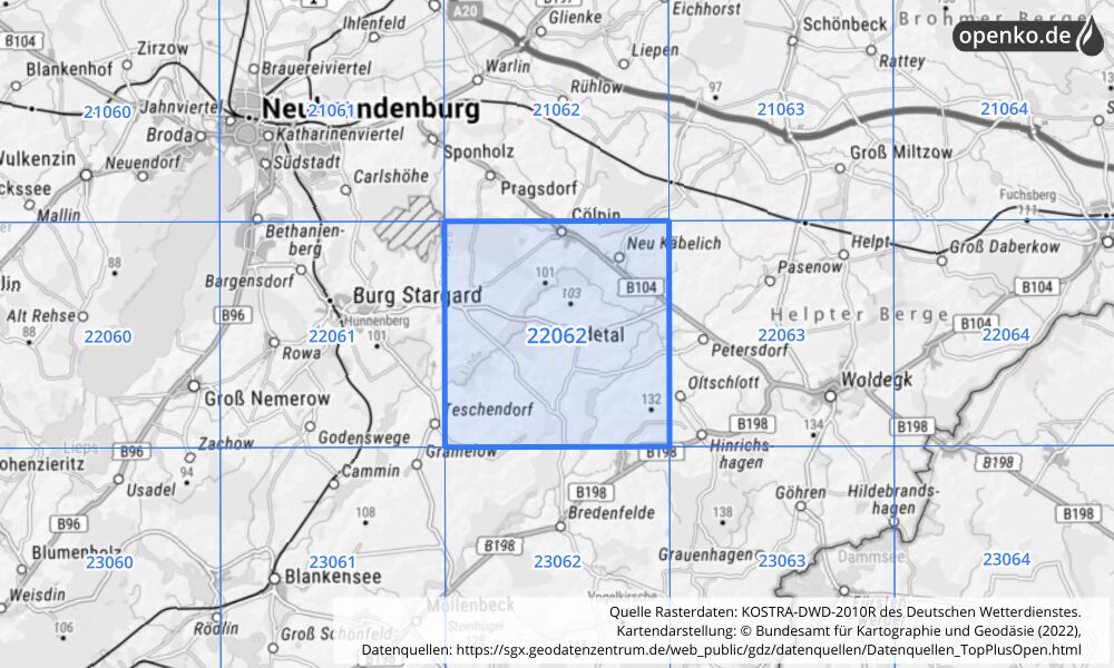 Übersichtskarte KOSTRA-DWD-2010R Rasterfeld Nr. 22062 mit angrenzenden Feldern