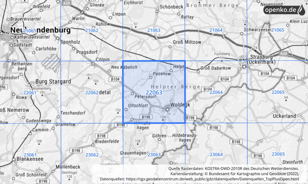 Übersichtskarte KOSTRA-DWD-2010R Rasterfeld Nr. 22063 mit angrenzenden Feldern