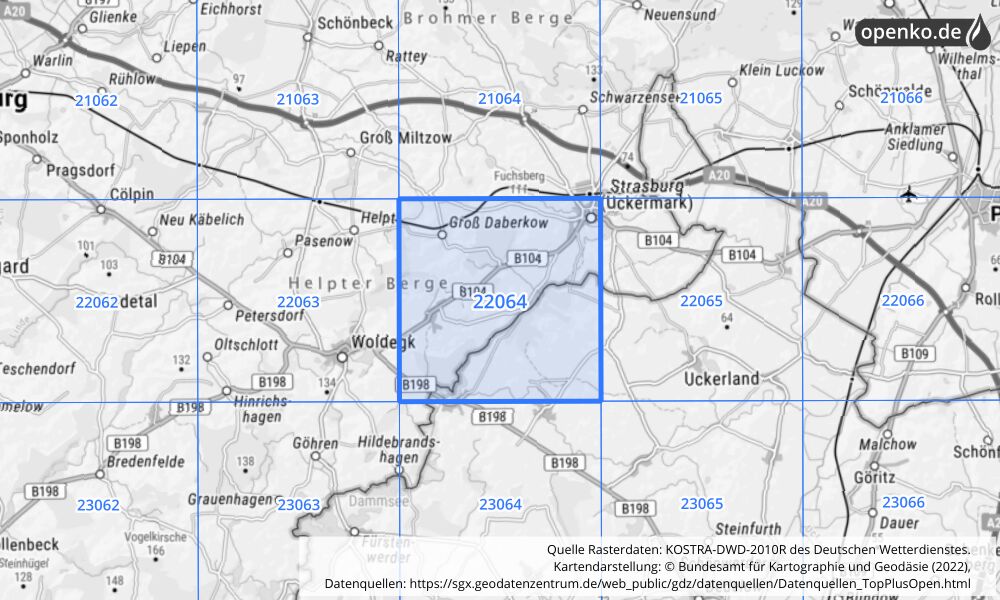 Übersichtskarte KOSTRA-DWD-2010R Rasterfeld Nr. 22064 mit angrenzenden Feldern