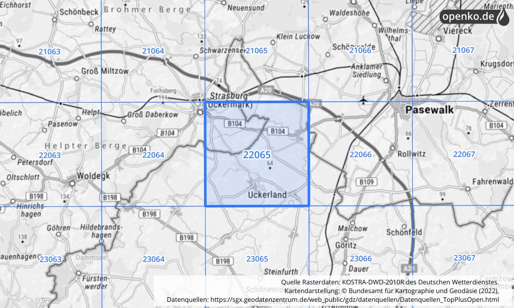 Übersichtskarte KOSTRA-DWD-2010R Rasterfeld Nr. 22065 mit angrenzenden Feldern