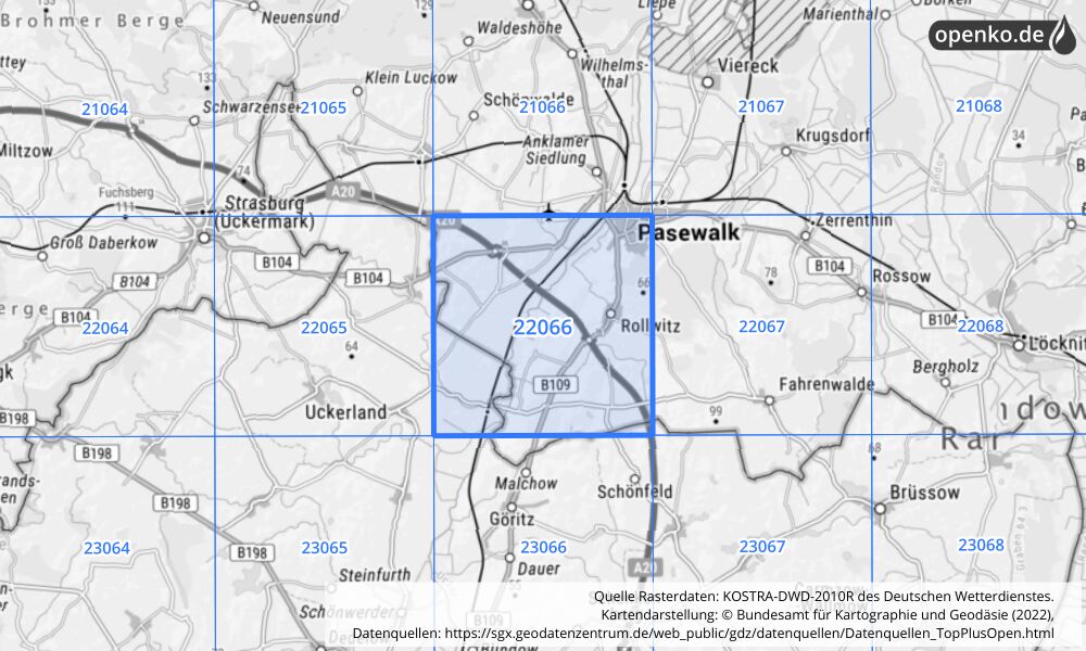 Übersichtskarte KOSTRA-DWD-2010R Rasterfeld Nr. 22066 mit angrenzenden Feldern