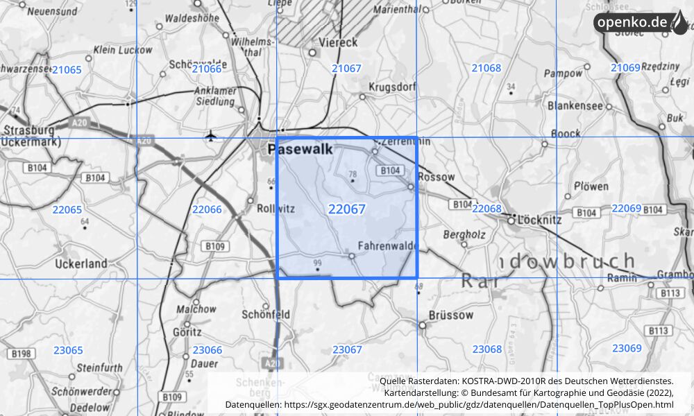 Übersichtskarte KOSTRA-DWD-2010R Rasterfeld Nr. 22067 mit angrenzenden Feldern