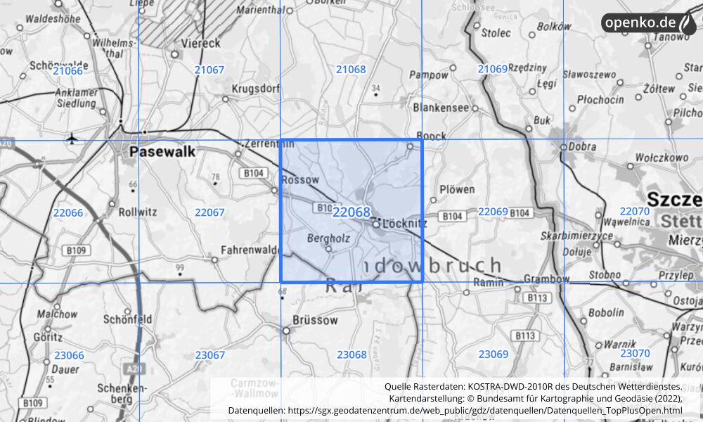 Übersichtskarte KOSTRA-DWD-2010R Rasterfeld Nr. 22068 mit angrenzenden Feldern