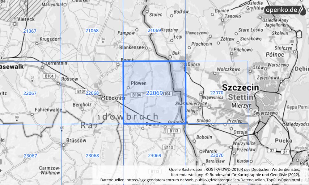 Übersichtskarte KOSTRA-DWD-2010R Rasterfeld Nr. 22069 mit angrenzenden Feldern