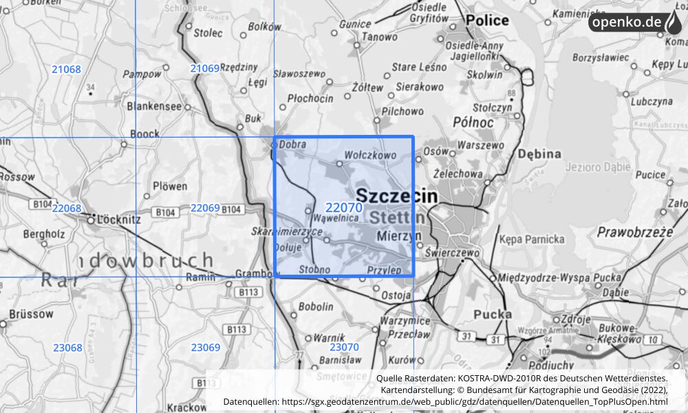 Übersichtskarte KOSTRA-DWD-2010R Rasterfeld Nr. 22070 mit angrenzenden Feldern