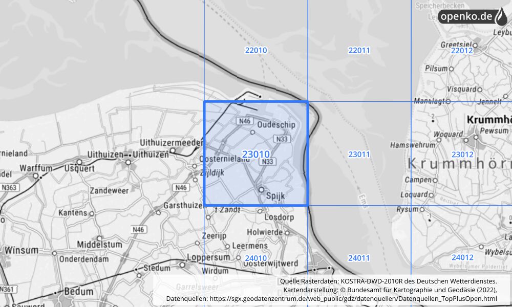 Übersichtskarte KOSTRA-DWD-2010R Rasterfeld Nr. 23010 mit angrenzenden Feldern