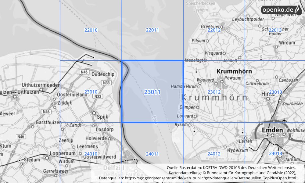 Übersichtskarte KOSTRA-DWD-2010R Rasterfeld Nr. 23011 mit angrenzenden Feldern