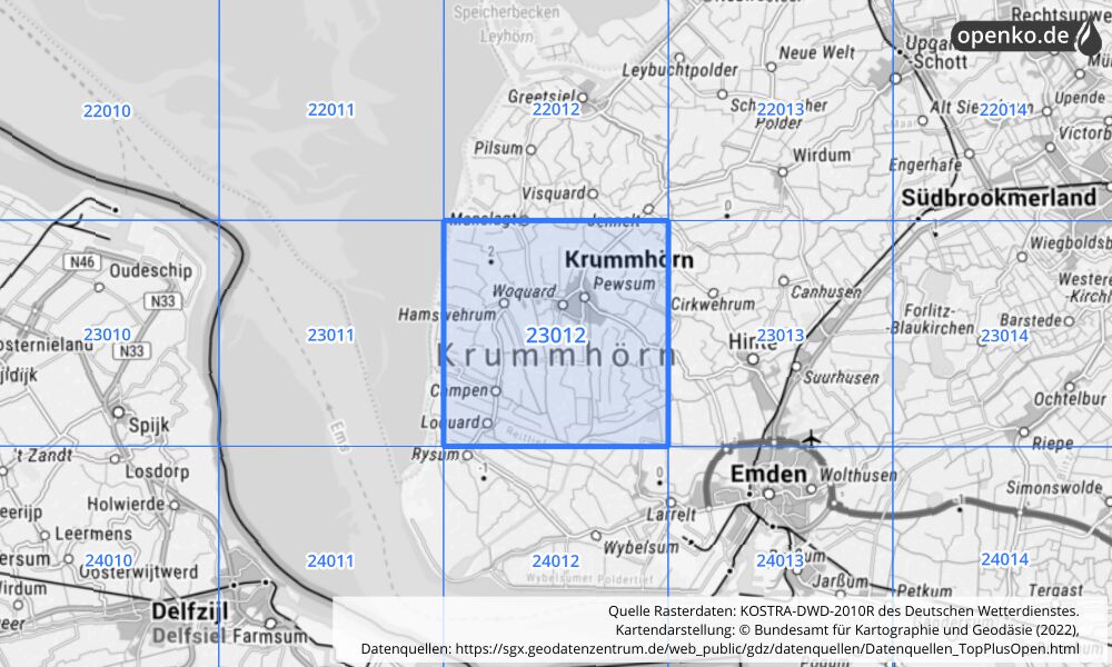 Übersichtskarte KOSTRA-DWD-2010R Rasterfeld Nr. 23012 mit angrenzenden Feldern