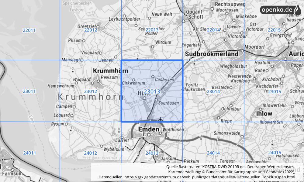 Übersichtskarte KOSTRA-DWD-2010R Rasterfeld Nr. 23013 mit angrenzenden Feldern