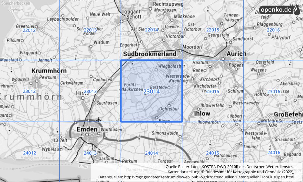 Übersichtskarte KOSTRA-DWD-2010R Rasterfeld Nr. 23014 mit angrenzenden Feldern